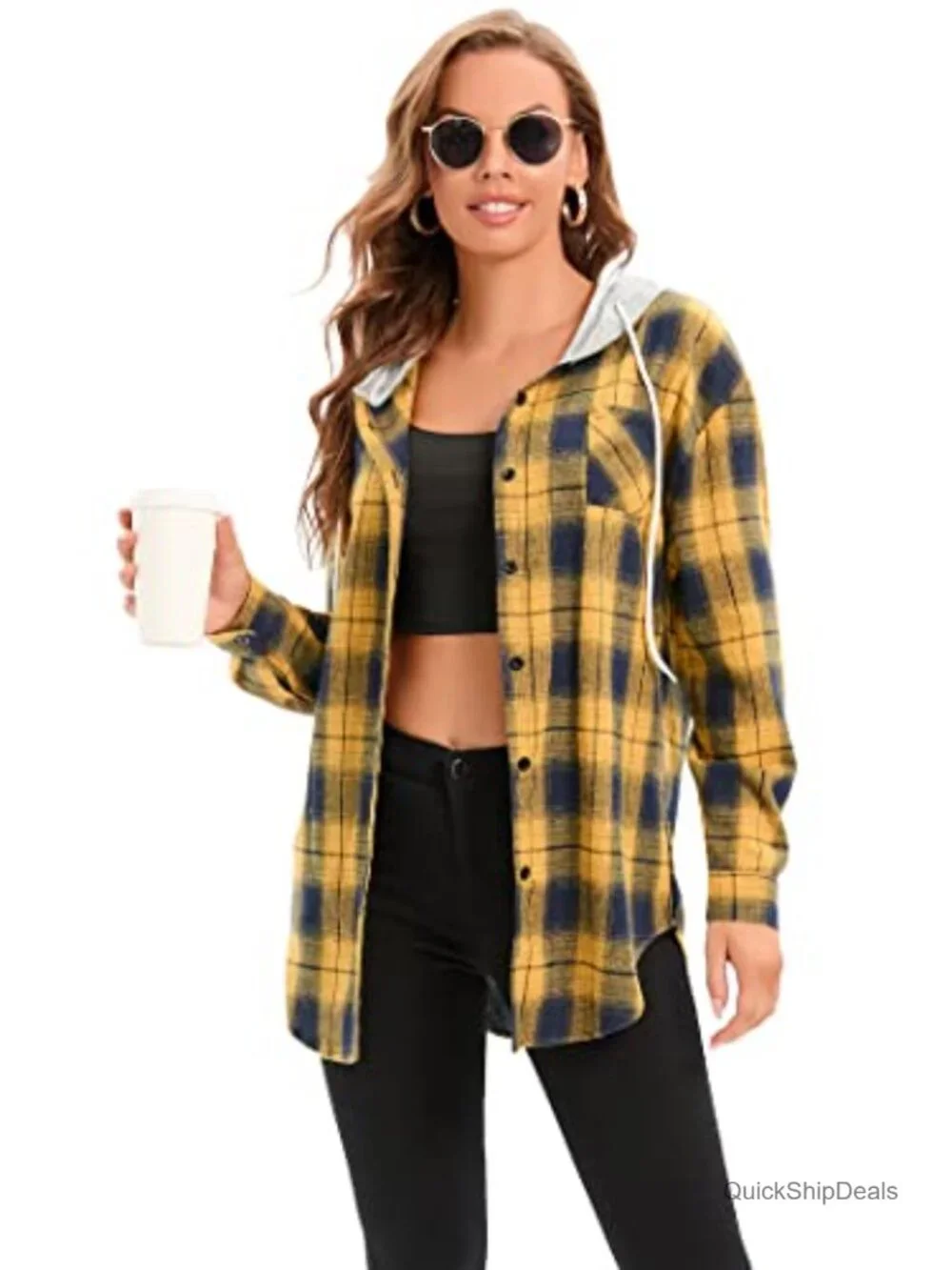 Women's Plaid Flannel Hoodie Shirt Jacket Button Down Long Sleeve Oversized